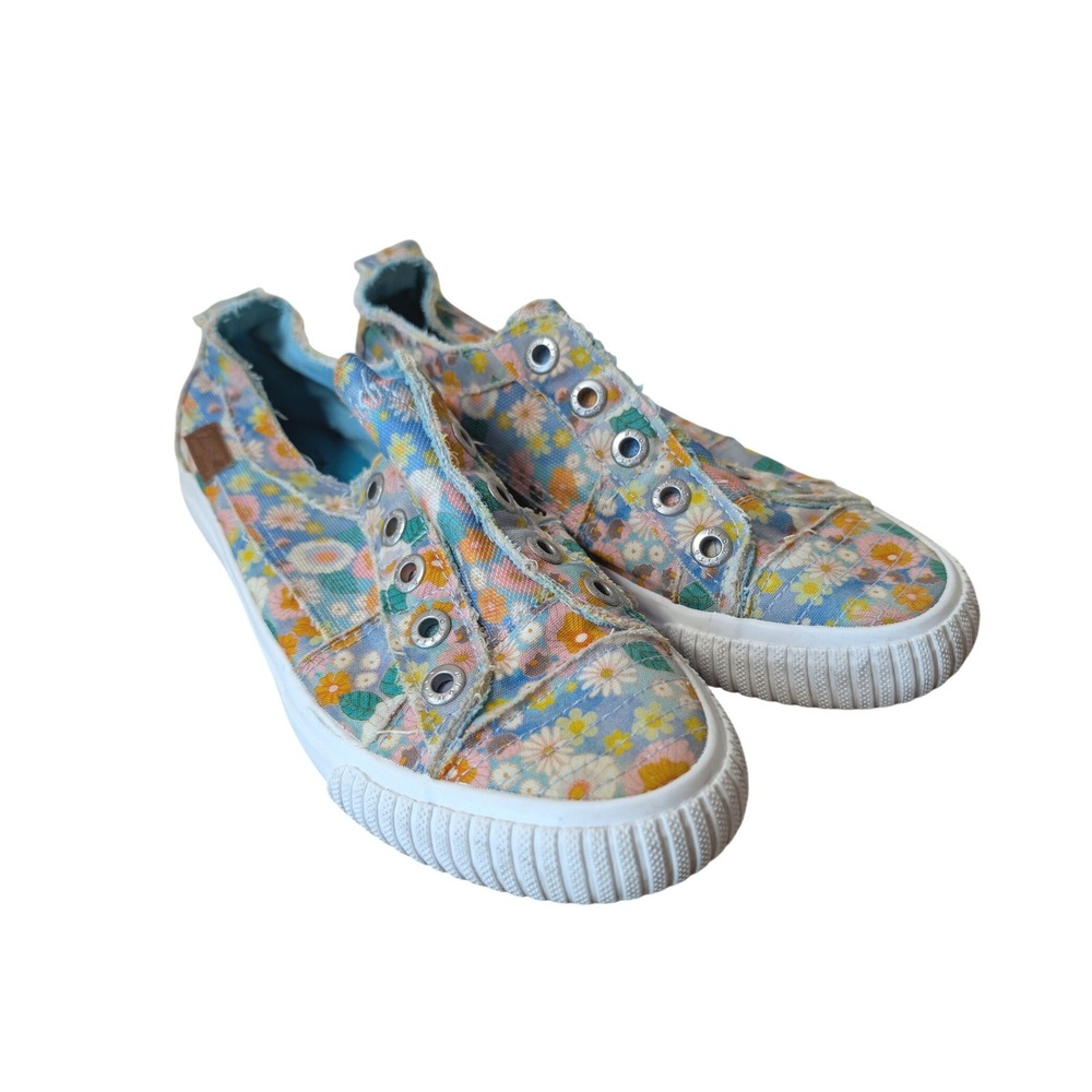 Blowfish Malibu Play Floral Slip On Sneakers Blue Daisy Canvas Shoes ZS001 8.5
